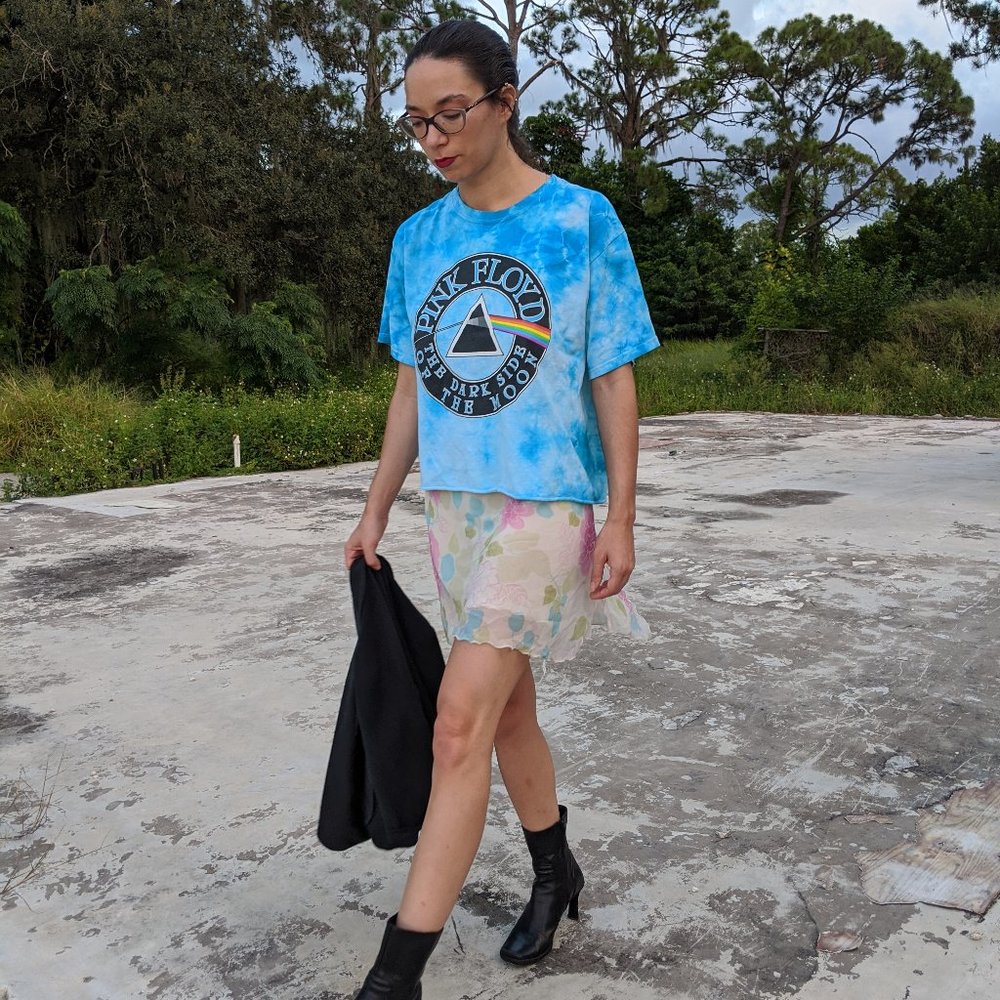 Pink Floyd Blue Tie dyed Cropped Oversize Tee